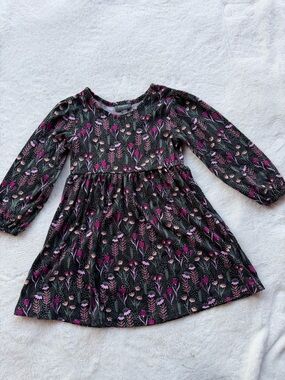 Girls' Black Floral Long-Sleeve Casual Dress with Pink Accents Size 3T